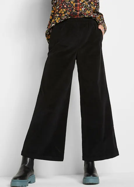 Pantaloni a palazzo cropped in velluto a coste con cinta comoda a vita alta, bonprix