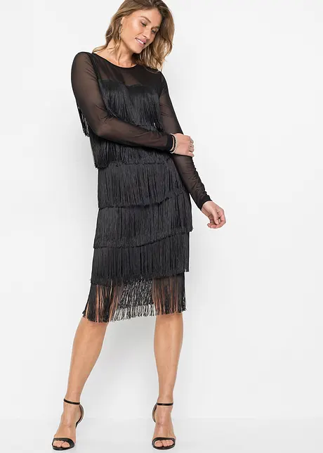 Abito midi in mesh vaporoso con frange, bonprix