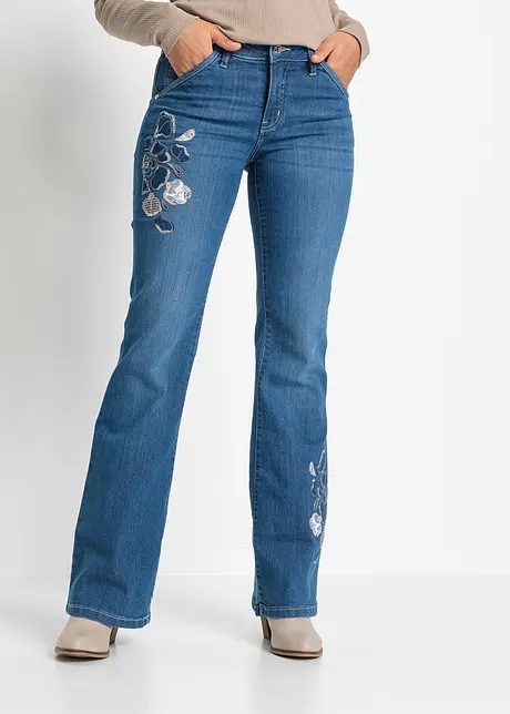 Jeans a zampa con ricami floreali, bonprix