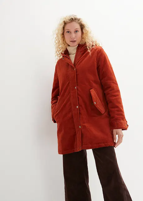 Parka svasato in velluto con fodera in pile teddy e cappuccio, bonprix