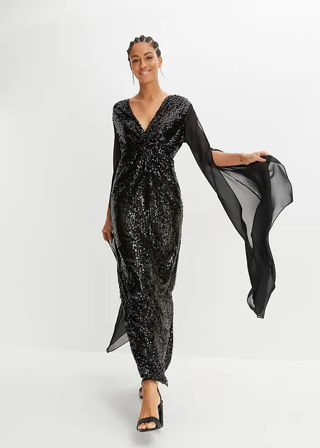 Abito con paillettes e maniche lunghe in chiffon, bonprix