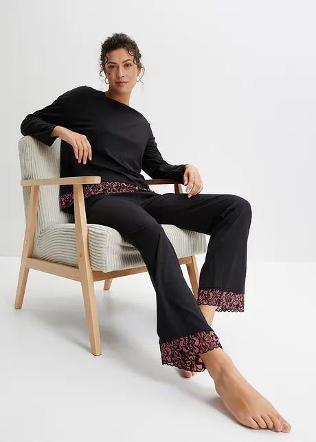Pigiama con viscosa e pizzo bicolore, bpc bonprix collection