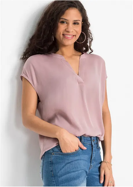 Blusa casual a maniche corte con spalle scese in satin, bonprix