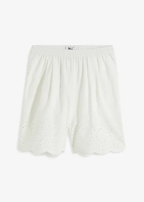 Shorts ampi di cotone con cinta comoda e ricami traforati, vita alta, bonprix