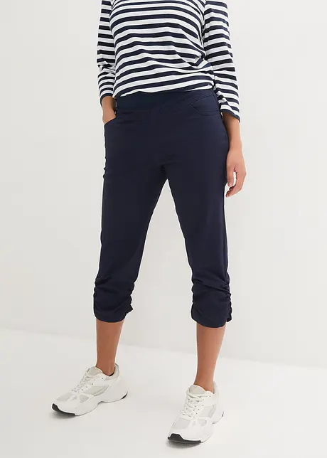 Pantaloni capri di cotone con cinta comoda e arricciatura, bonprix