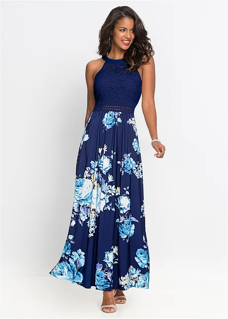 Abito estivo lungo con fantasia floreale e pizzo, bonprix