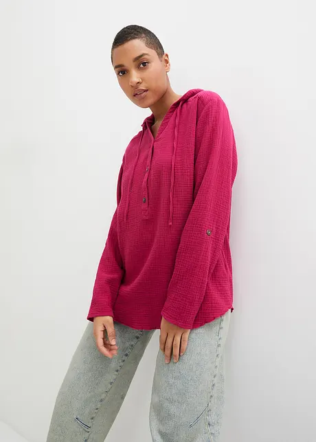 Blusa in mussola di puro cotone con cappuccio, bonprix