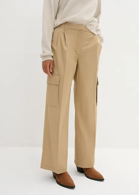 Pantaloni cargo cropped con pinces e cinta elastica, wide leg, bonprix