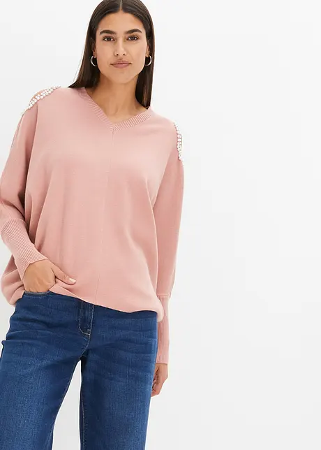 Maglione con cut-out e perle, bonprix