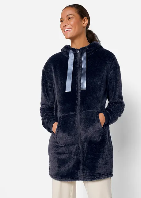 Giacca lunga da casa in pile ultra morbido con cappuccio, bonprix