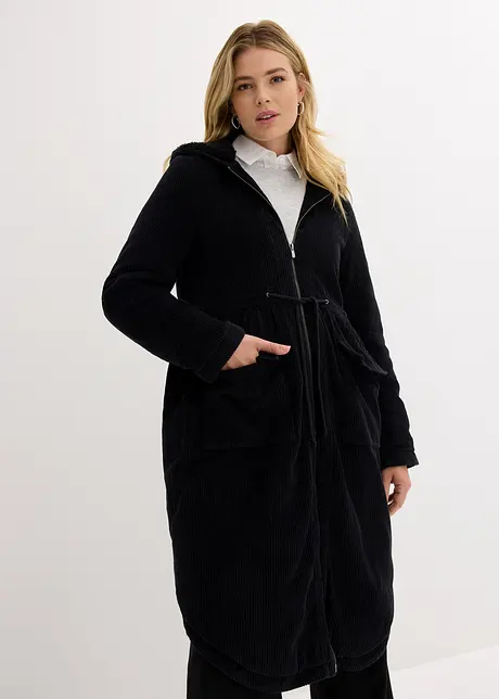 Cappotto in velluto ampio con cappuccio in pile teddy, coulisse e tasche grandi, bonprix