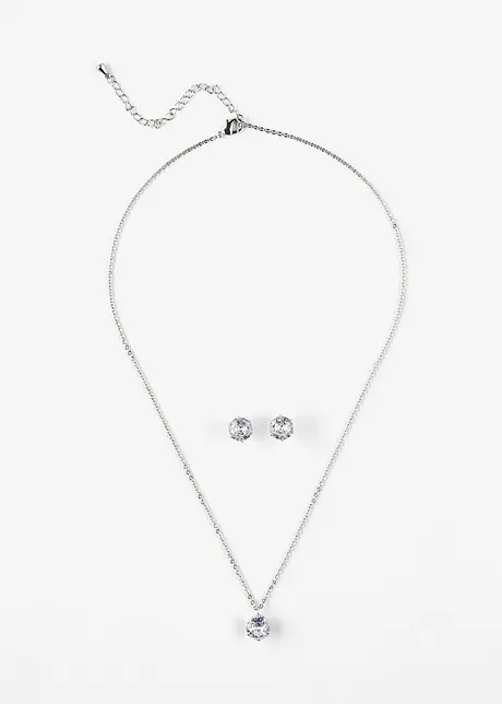 Collana e orecchini con zirconia (set gioielli 3 pezzi), bonprix