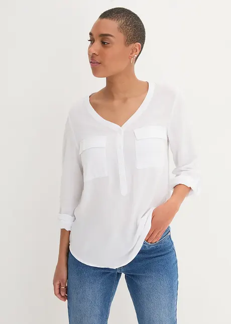 Blusa a maniche lunghe con scollo a V in viscosa fluente, bonprix