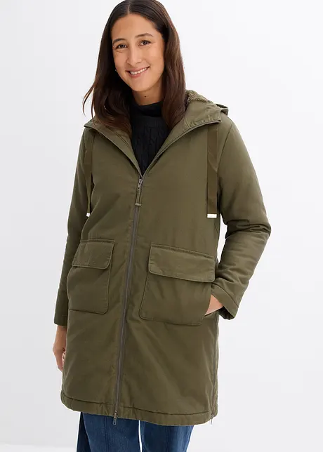 Giubbotto invernale ampio con cappuccio e fodera teddy, bonprix