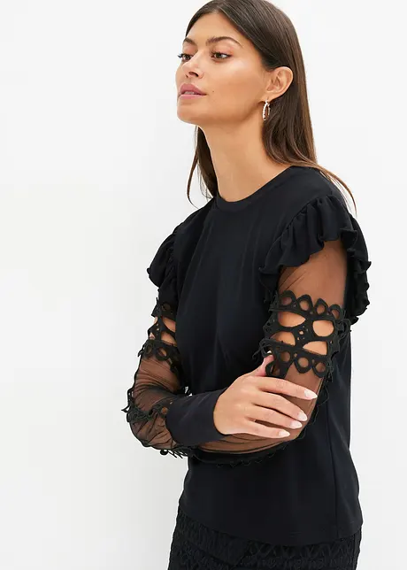 Maglia con maniche in pizzo e ruches, bonprix