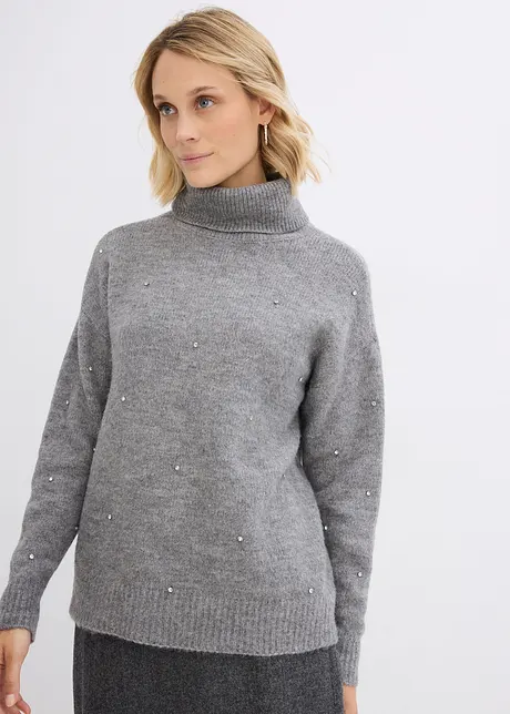 Maglione a collo alto con strass, bonprix