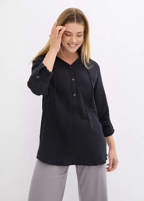 Blusa in mussola di puro cotone con cappuccio, bonprix