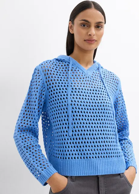 Maglione a punto ajour con cappuccio, bonprix