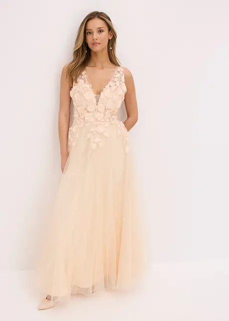 Abito lungo in tulle con fiori applicati, bonprix