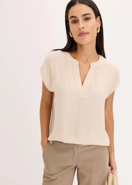Blusa casual a maniche corte con spalle scese in satin, bonprix