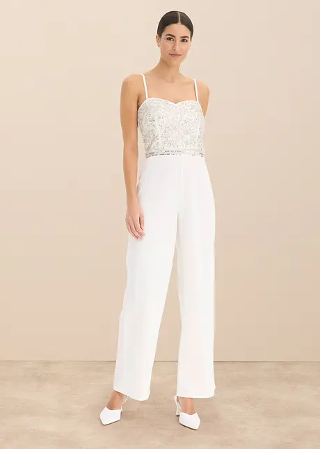 Tuta da sposa in crêpe strutturato con ricamo con perline, bonprix