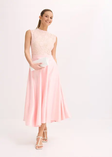 Abito midi in satin lucido con pizzo, bonprix