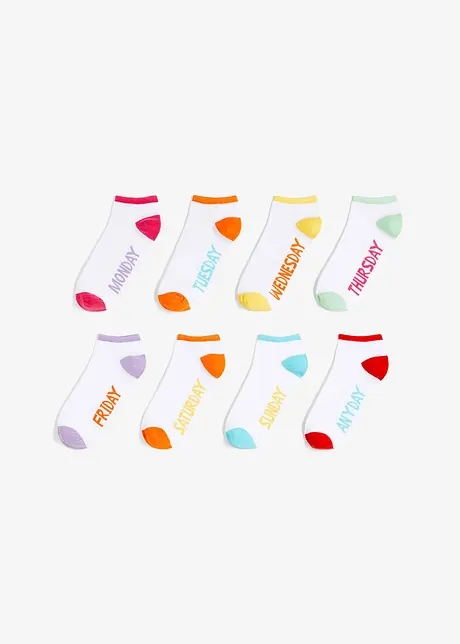 Calzini per sneakers in cotone biologico con i giorni della settimana (pacco da 8 paia), bonprix