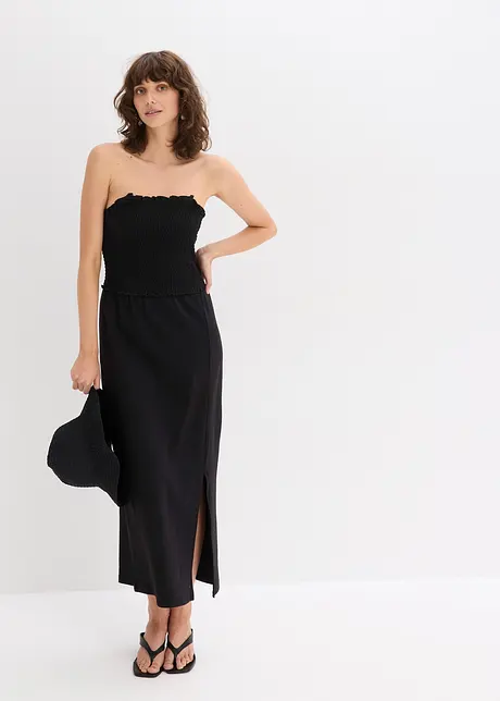 Abito midi in jersey robusto con inserto smock e spacco, bonprix