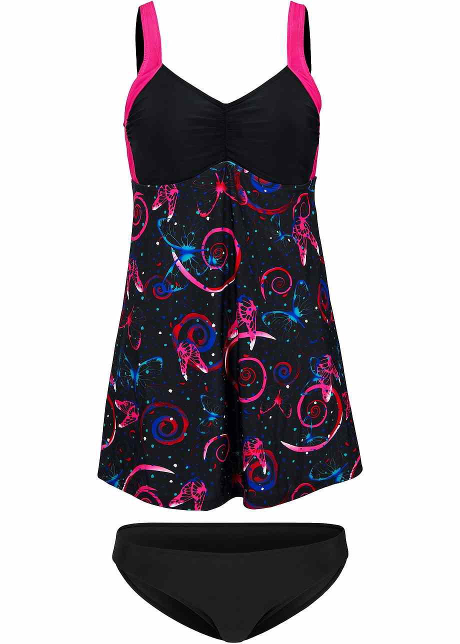 Tankini lungo attraente con bella fantasia Nero / viola fantasia