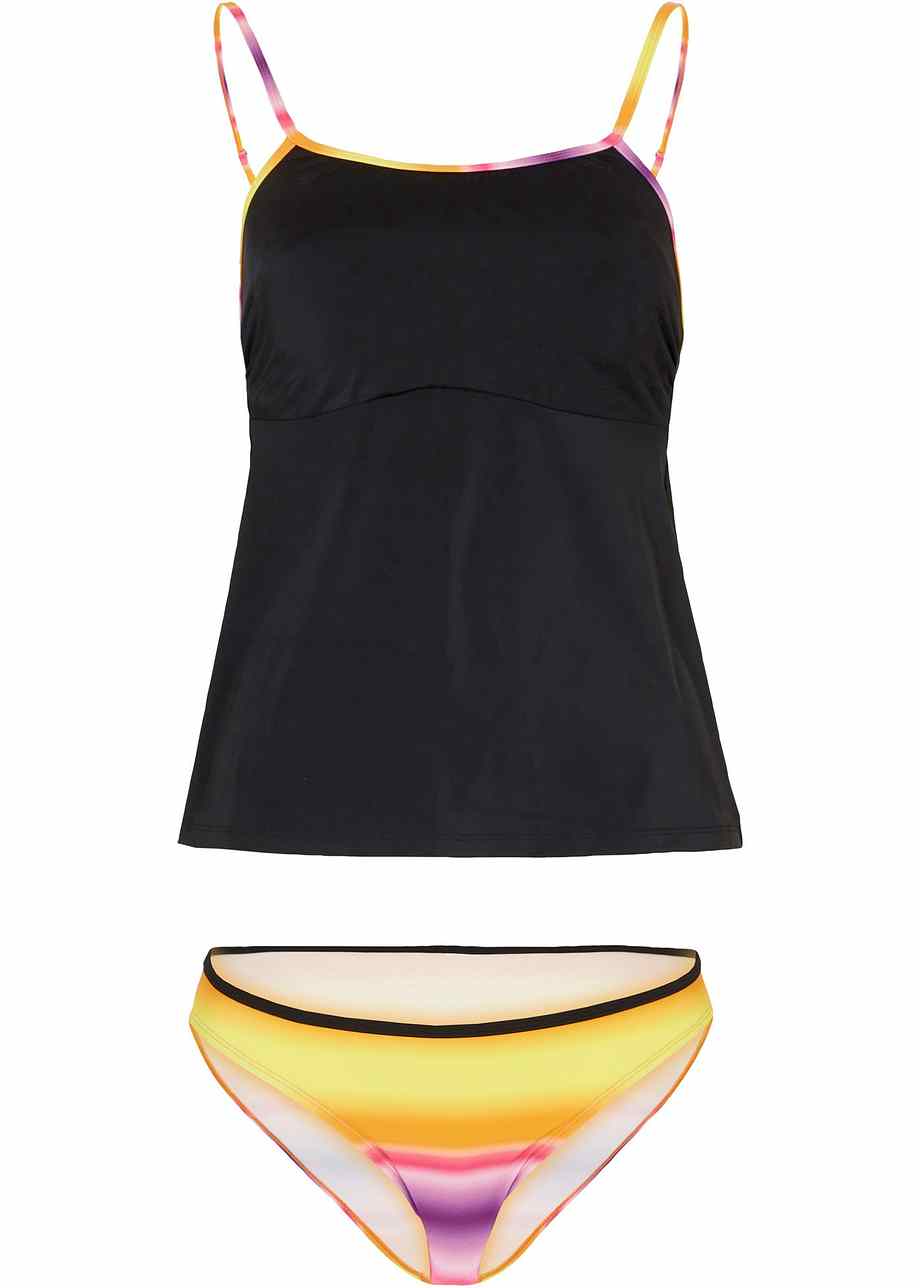 Tankini sportivo con fantasia batik Nero / fucsia / giallo / viola