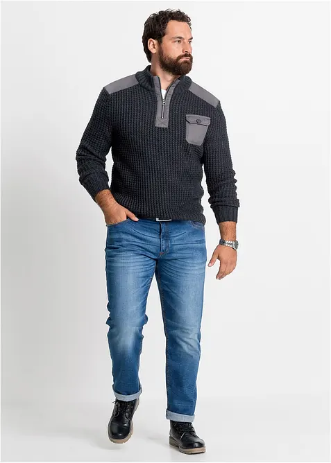 Maglione in filato grosso con zip e applicazioni in tessuto, bonprix