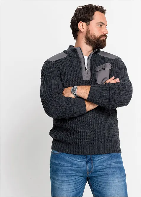 Maglione in filato grosso con zip e applicazioni in tessuto, bonprix