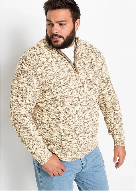 Maglione melange con cerniera e motivi a trecce, bonprix