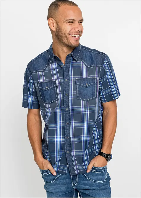 Camicia a maniche corte con inserto denim, bonprix