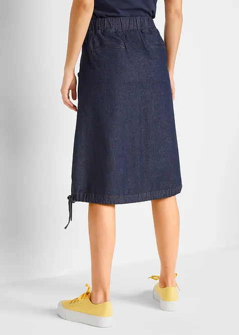 Gonna di jeans elasticizzata con pieghe, cintura e laccetto, bonprix