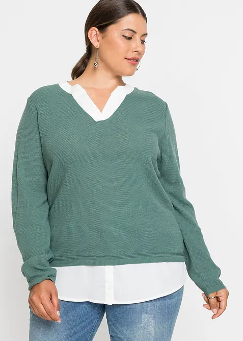 Maglione in filato fine con inserti effetto camicia, bonprix