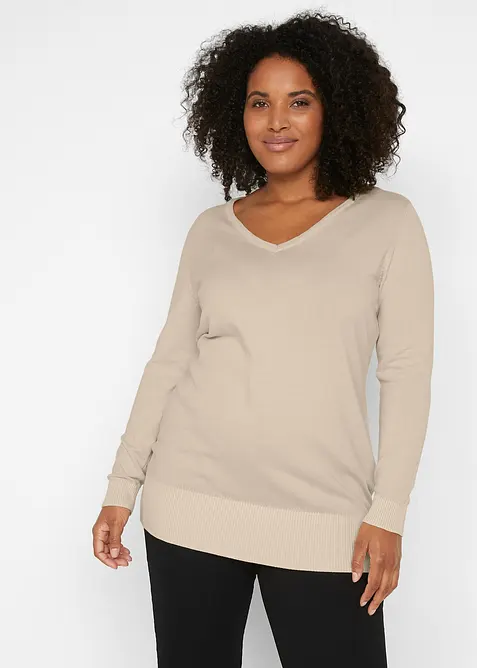 Maglione lungo basic in filato fine con scollo a V, bonprix