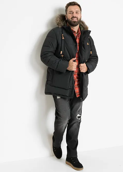 Giacca tecnica invernale con cappuccio in eco-pelliccia e dettagli in similpelle, bonprix