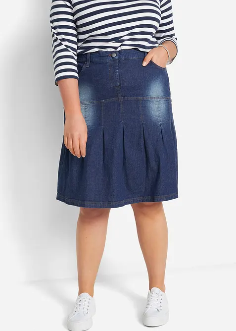 Gonna di jeans svasata con pieghe e vita elasticizzata, bonprix