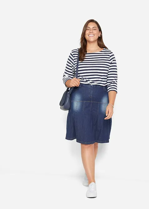 Gonna di jeans svasata con pieghe e vita elasticizzata, bonprix