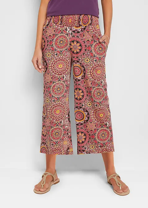 Pantaloni culotte larghi in jersey con vita alta a punto smock, lunghezza 7/8, bonprix