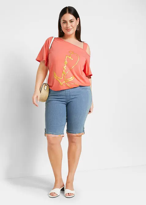 Bermuda in jeans con risvolto colorato, bonprix