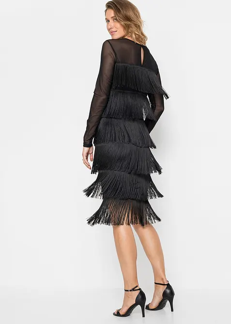 Abito midi in mesh vaporoso con frange, bonprix