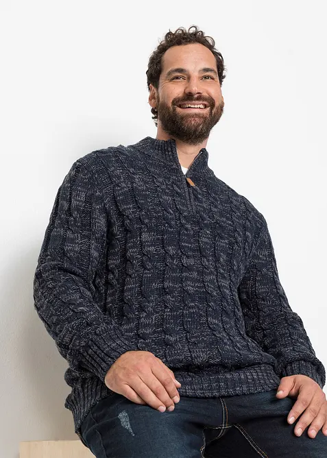 Maglione melange con cerniera e motivi a trecce, bonprix