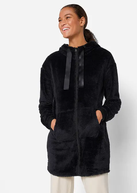 Giacca lunga da casa in pile leggero ultra morbido con cappuccio, bonprix