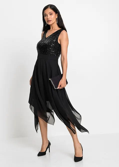 Abito da sera midi in fine chiffon con paillettes, bonprix
