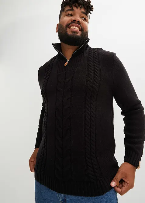 Maglione in lavorazione a trecce con collo e zip, bonprix