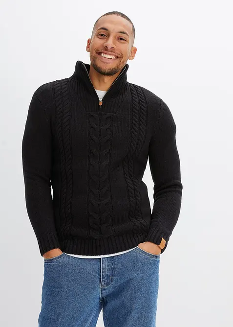 Maglione in lavorazione a trecce con collo e zip, bonprix