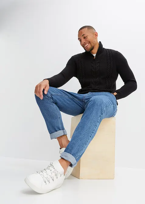 Maglione in lavorazione a trecce con collo e zip, bonprix
