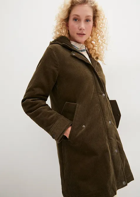 Parka svasato in velluto con fodera in pile teddy e cappuccio, bonprix